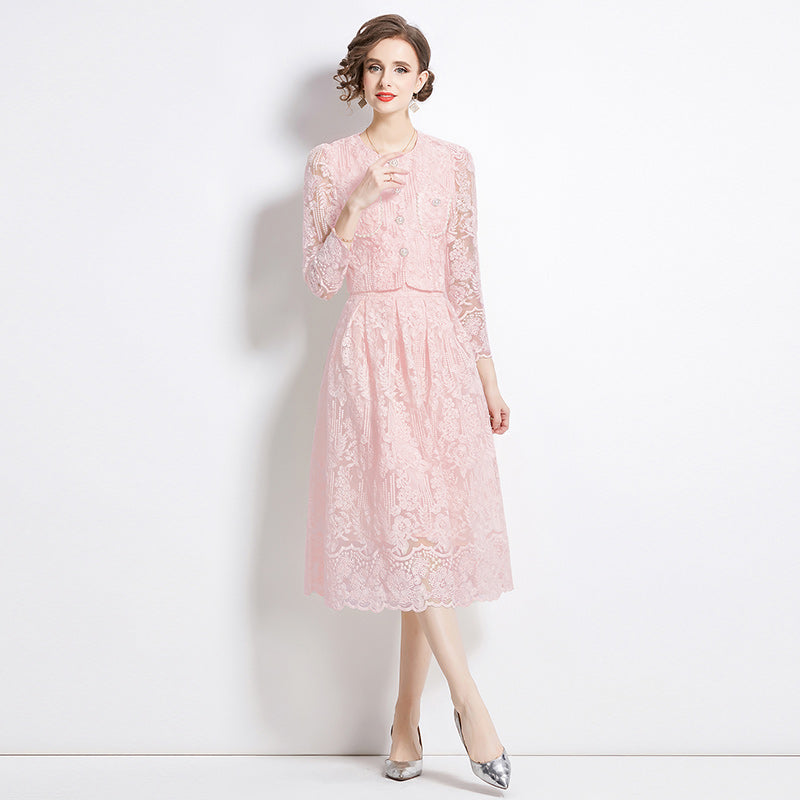 Original design for spring and summer long sleeved small fragrance style set light luxury temperament water-soluble lace skirt two-piece set