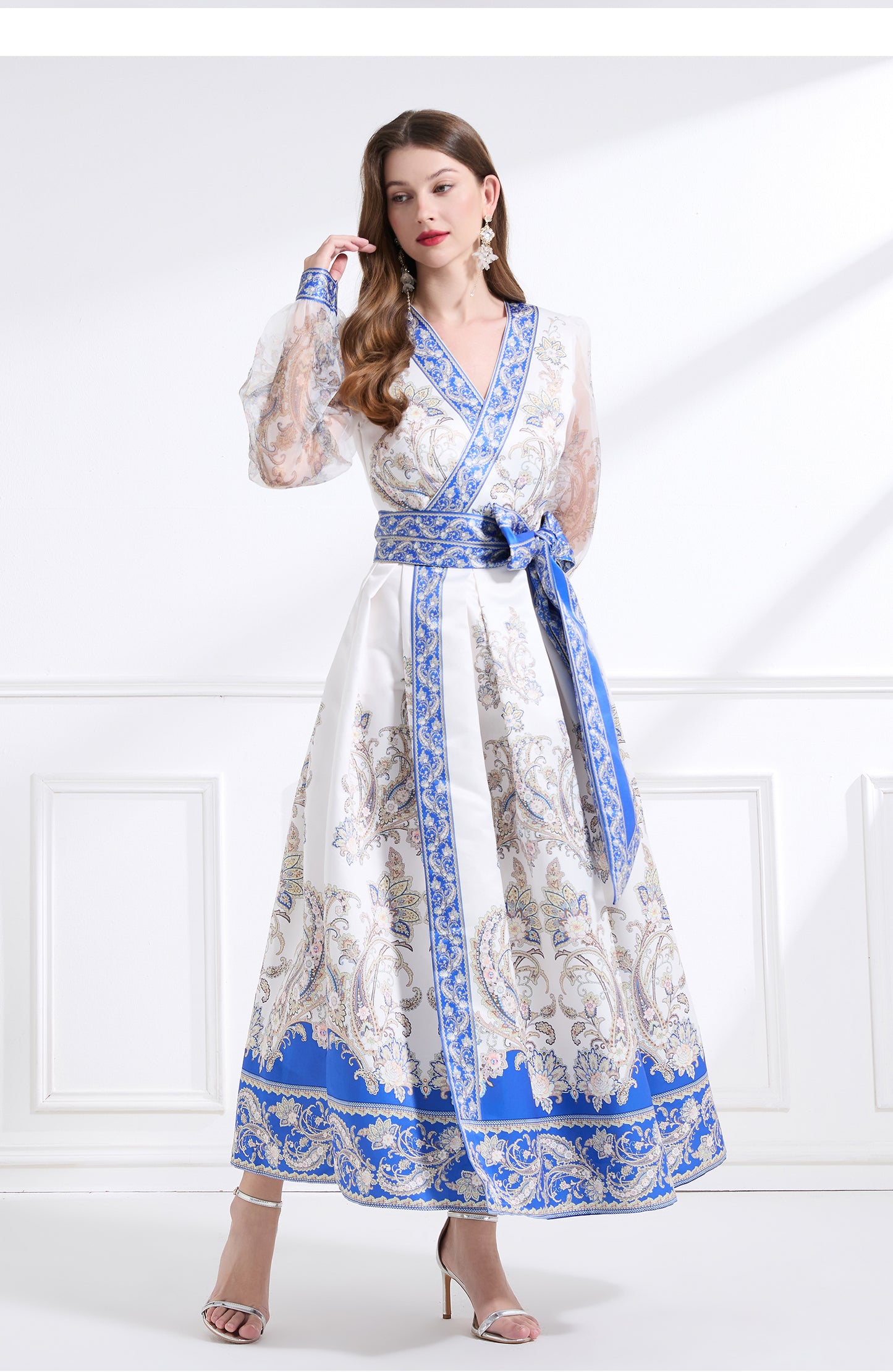 Original design - spring and summer resort style lace patchwork print waist maxi skirt ruffle dress