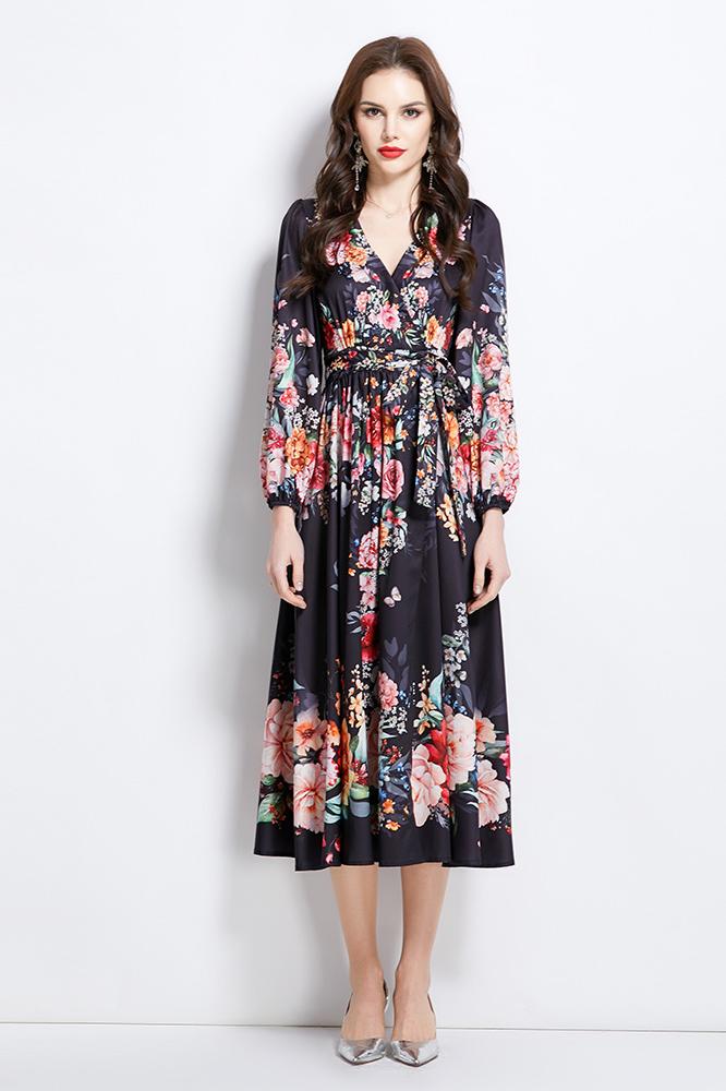 Original Design Spring/Summer Oil Painting Flower Pattern Wrapped Mid length Dress