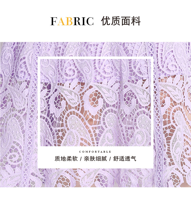 Original design temperament short sleeved skirt slim fit waist cinching heavy industry water-soluble lace dress for women