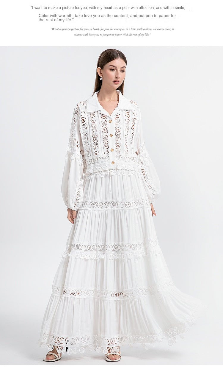 Meizhonggong boutique cut-out lapel lace stitched pendant lace maxi skirt set