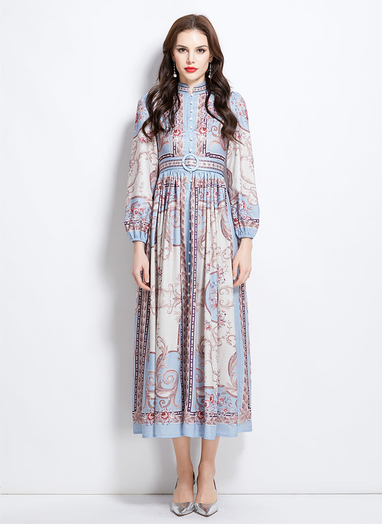 Original design: Spring/summer new court-style pattern stand-up collar long dress