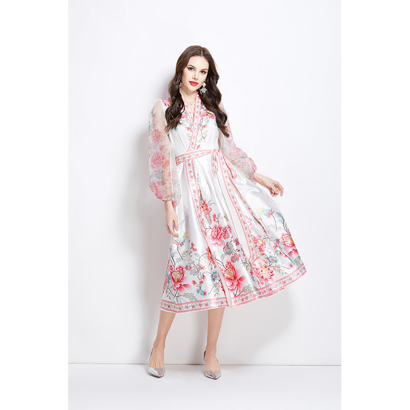 Original Design Spring/Summer V-neck Ethnic Style Printed Satin Wrapped Long Dress