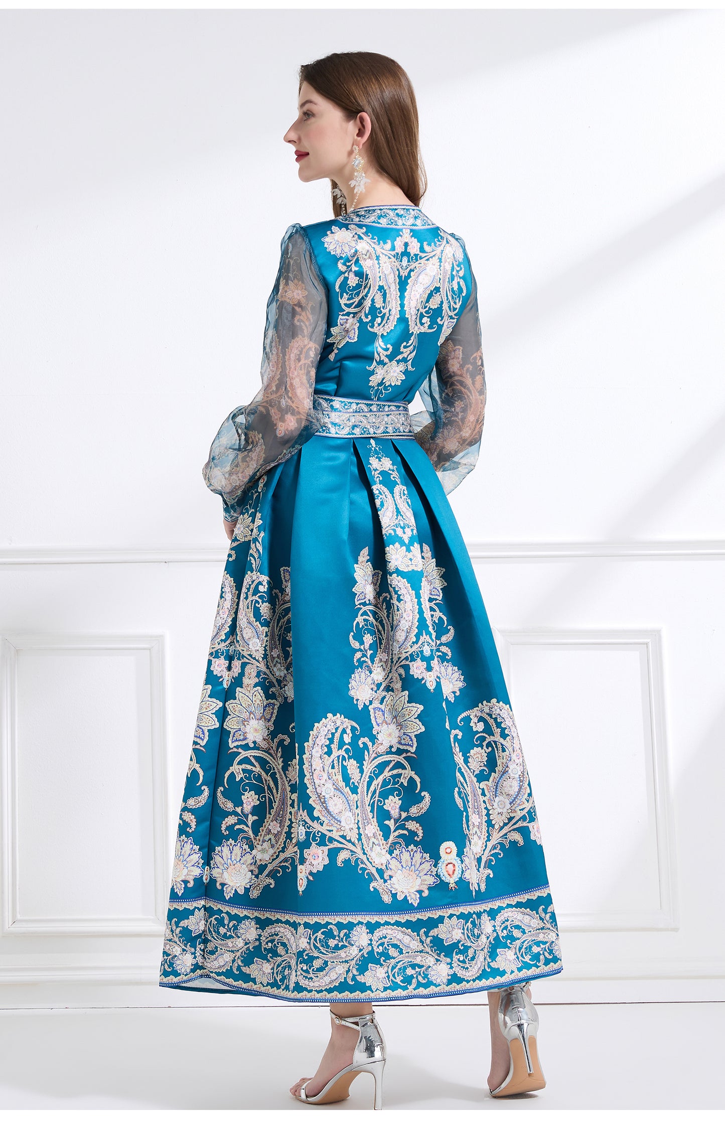Original design - spring and summer resort style lace patchwork print waist maxi skirt ruffle dress