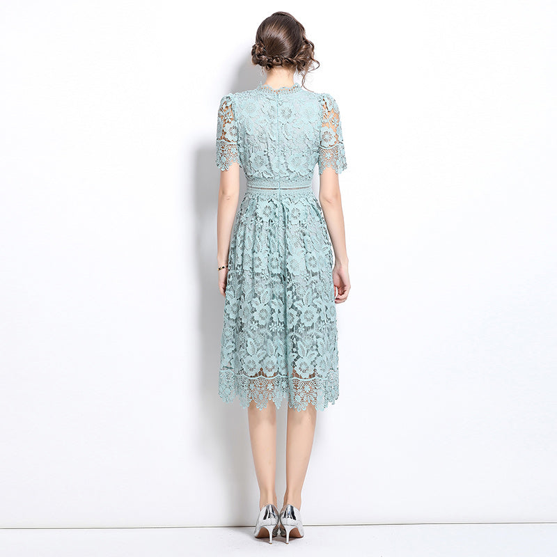 Original design short sleeved slimming hollow out water-soluble lace positioning mid length dress