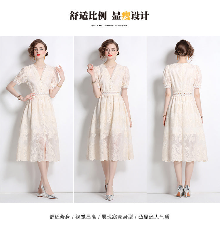 Original Design: Spring/Summer Embroidered V-neck Dress with Lace and Lace Charm Slimming Skirt