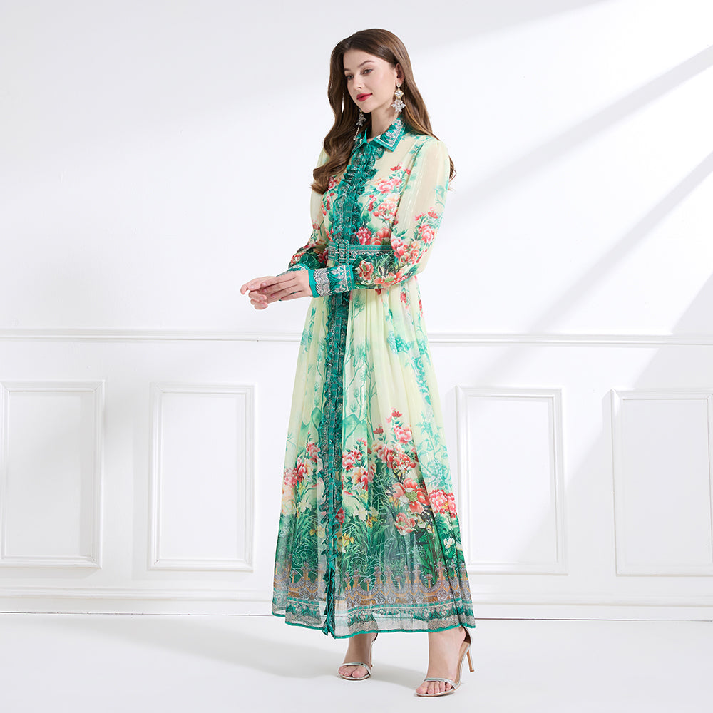 Original design - Spring/Summer, Autumn chiffon shirt collar print, long sleeves, cinched waist, ruffled maxi skirt