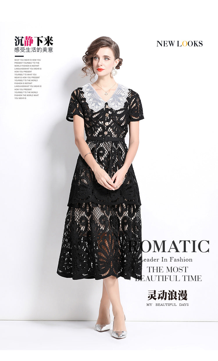 Original Design: Spring and Summer High End Water soluble Embroidered Medium length Skirt with V-neck and Waist cinching to Look Thin Dress