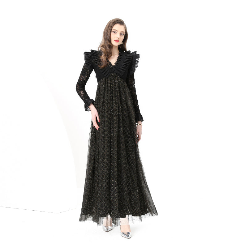 Original design: Spring, Summer, Autumn, resort style, embroidered lace, V-neck, long sleeves, lace and mesh maxi dress