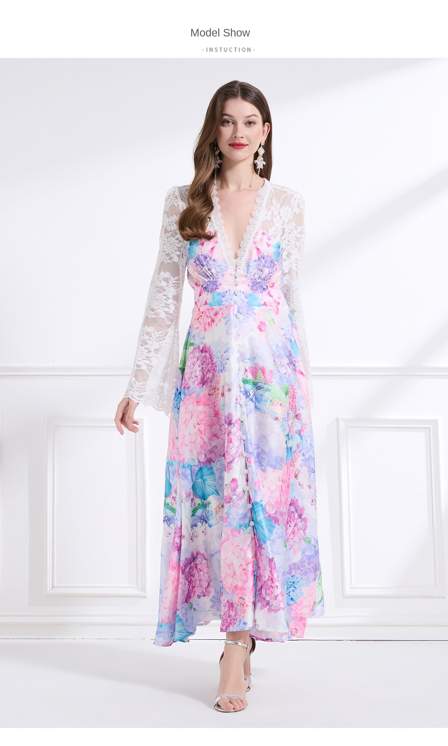 Original design - spring and summer resort style lace patchwork print waist maxi skirt ruffle dress