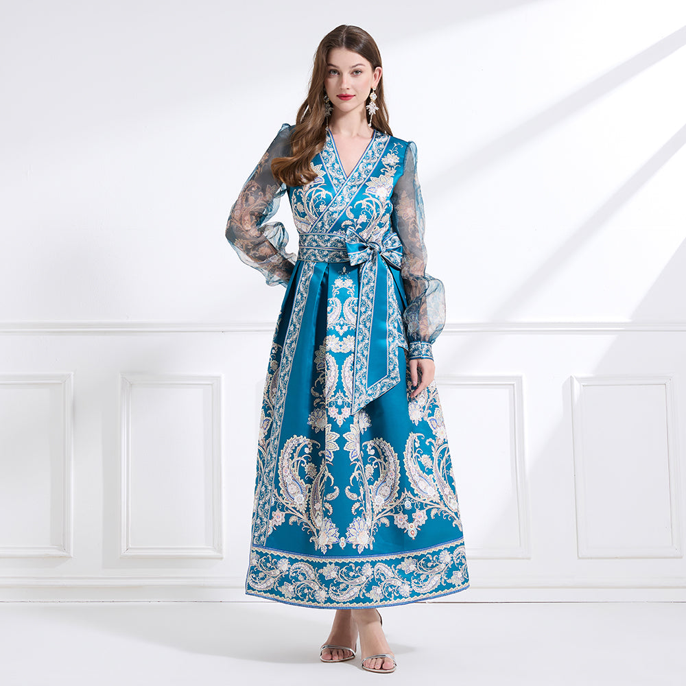 Original design - spring and summer resort style lace patchwork print waist maxi skirt ruffle dress