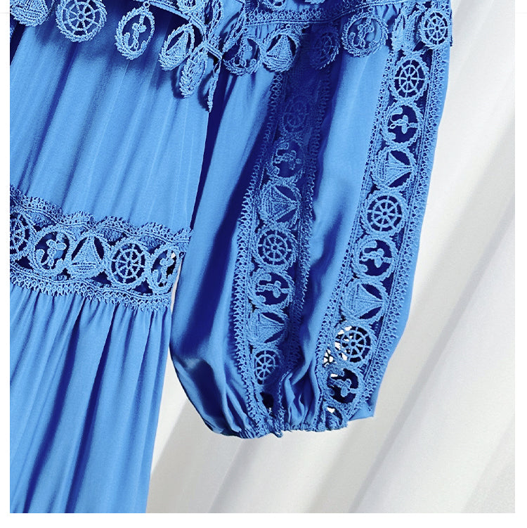 Meizhonggong boutique cut-out lapel lace stitched pendant lace maxi skirt set