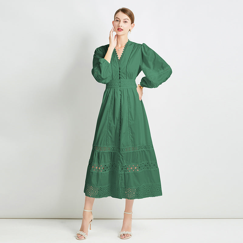 Original design fashionable temperament V-neck patchwork lace hollow out design sense long sleeved waist cinching dress