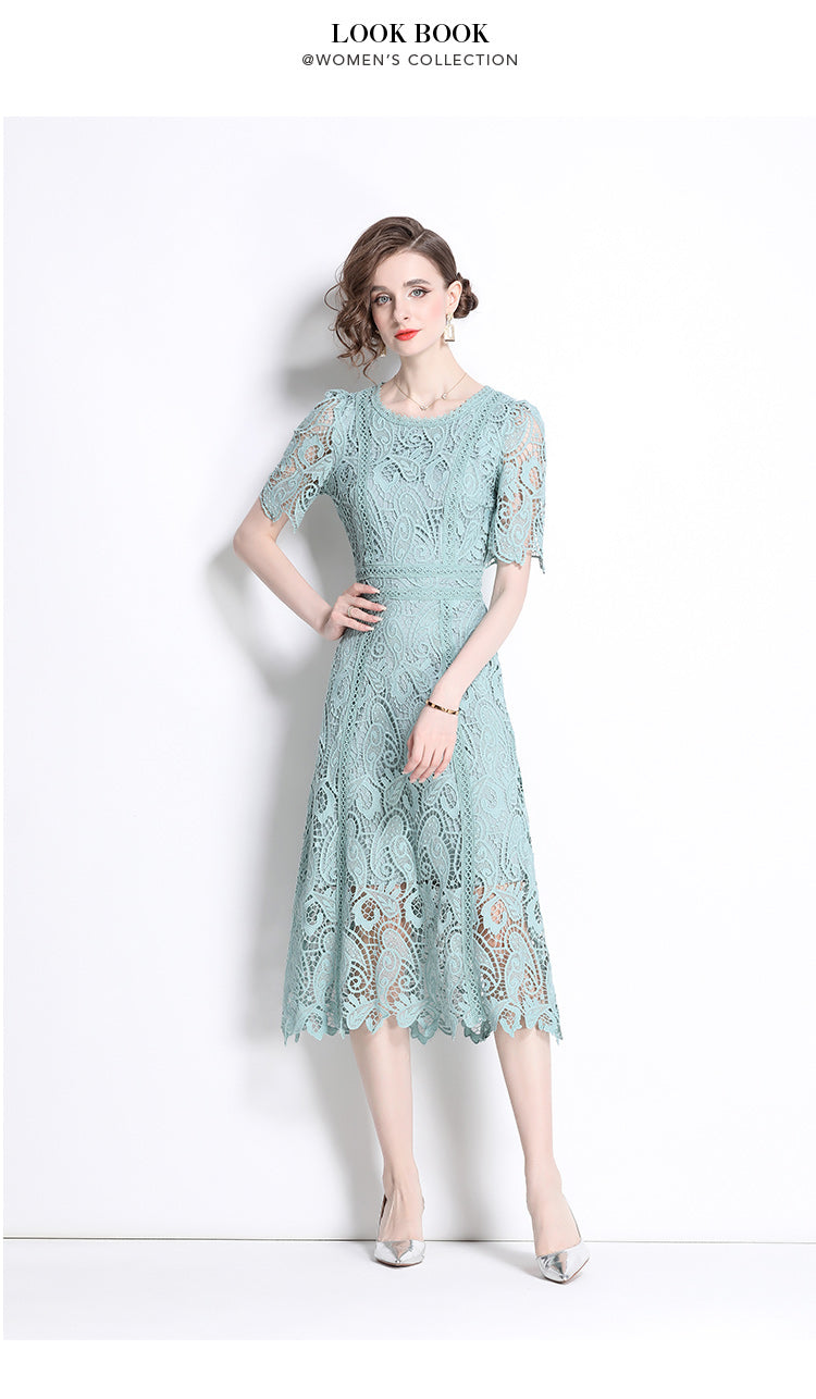 Original design temperament short sleeved skirt slim fit waist cinching heavy industry water-soluble lace dress for women
