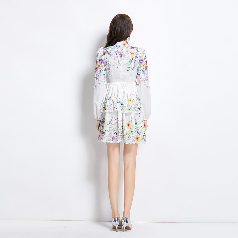 Original Design Spring/Summer/Autumn Vacation Long Sleeve Floral Colorful Waist Collar Cake Dress