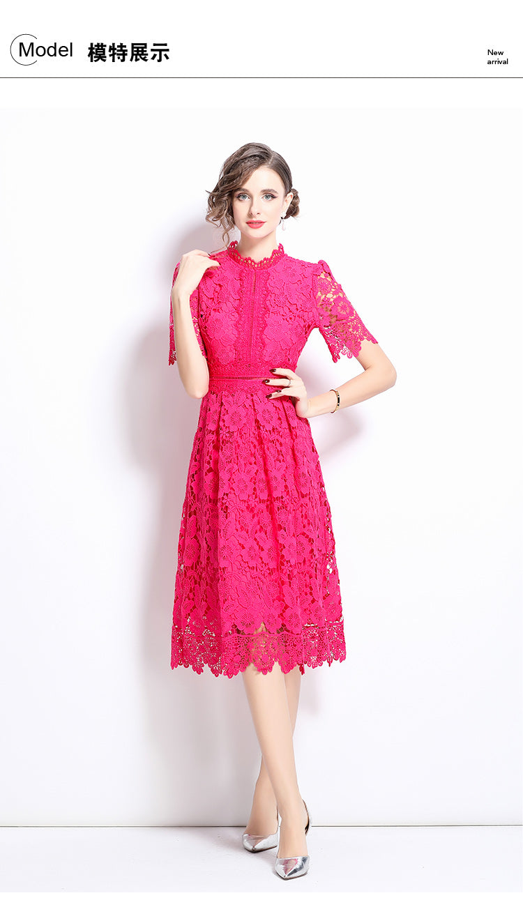 Original design short sleeved slimming hollow out water-soluble lace positioning mid length dress