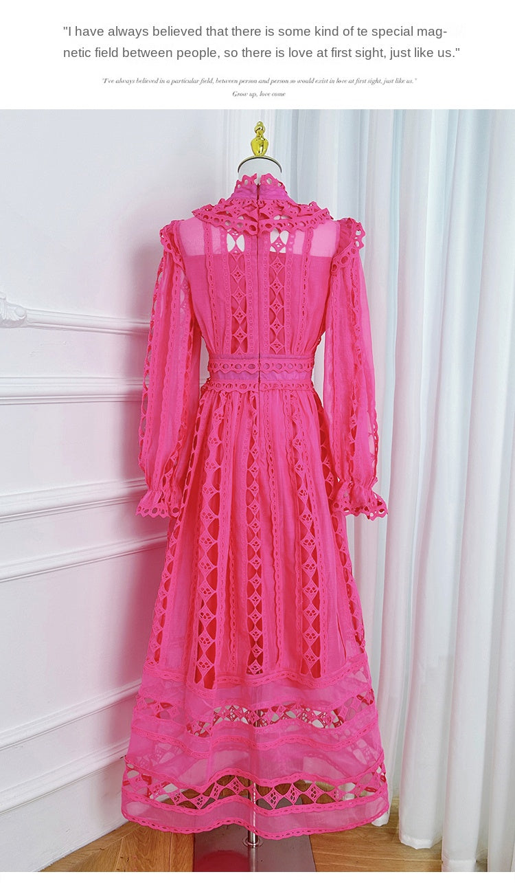 Original design graphic hollow embroidery solid color French long skirt with waist cinching temperament dress