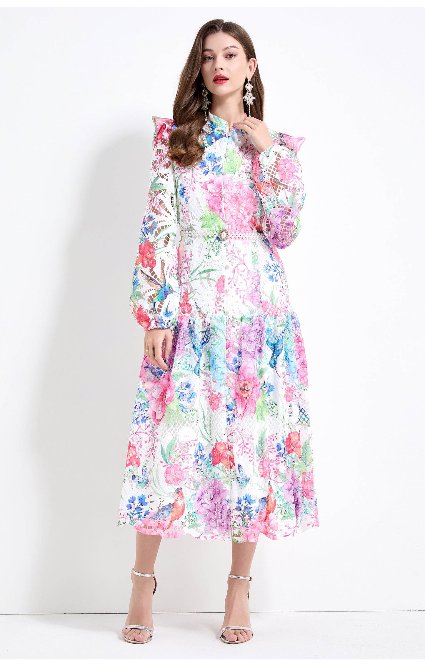 Original design - Spring/Summer vintage stand collar floral print heavy industry water-soluble long waist lace dress