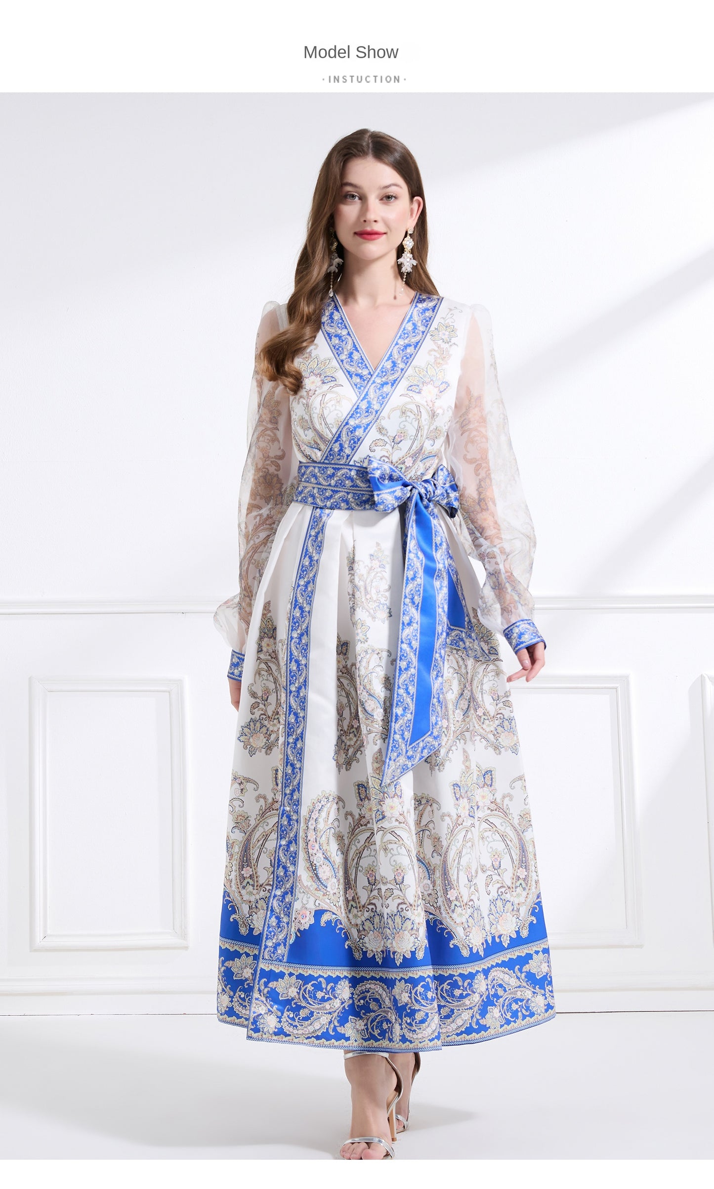 Original design - spring and summer resort style lace patchwork print waist maxi skirt ruffle dress