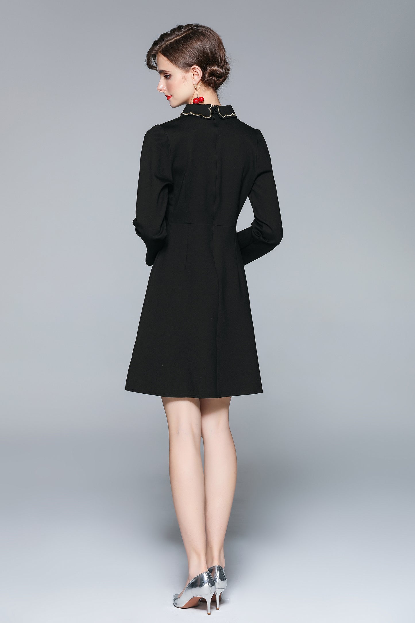 Original design exquisite temperament lapel single breasted heavy embroidery waist slimming autumn and winter dress