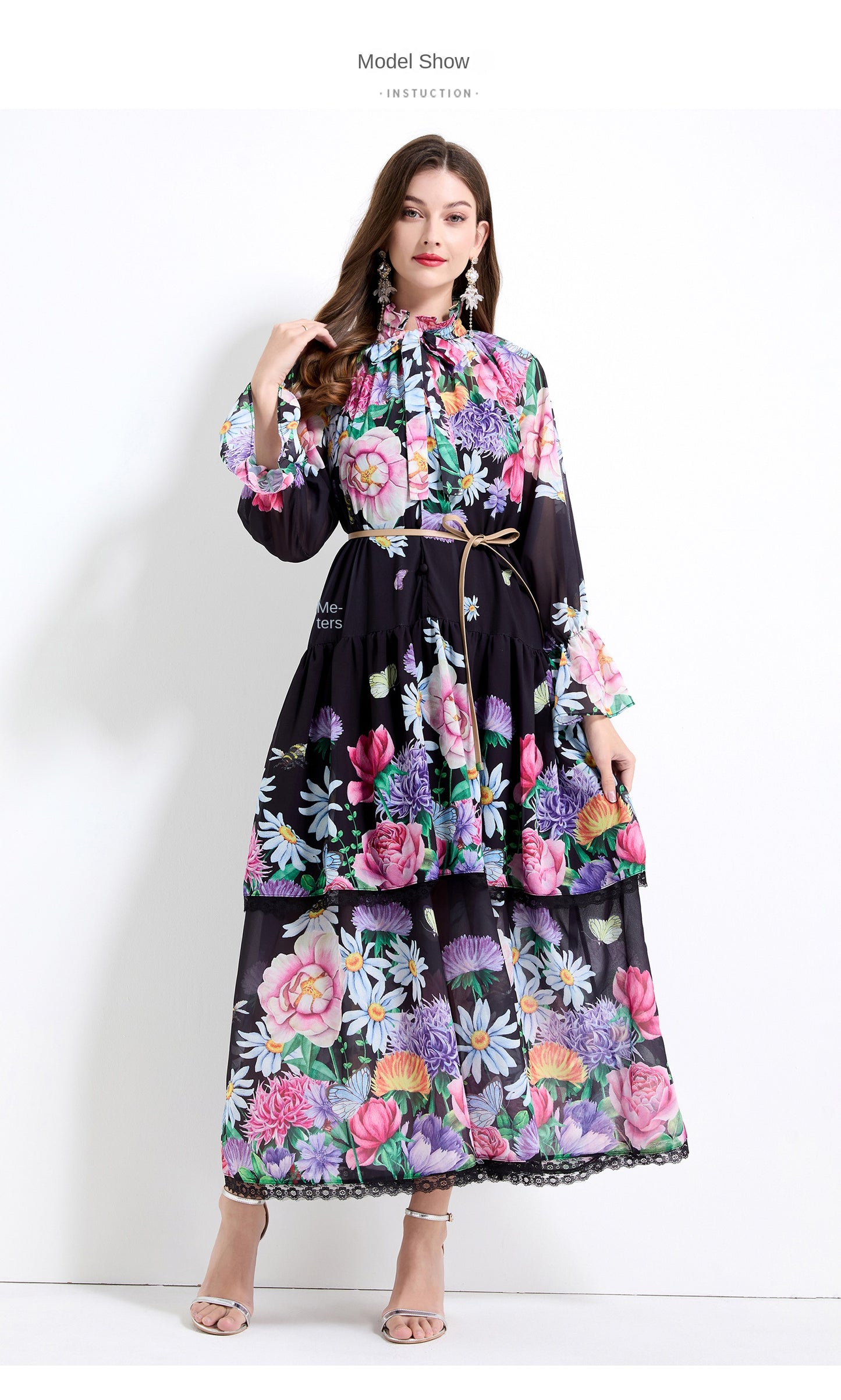 Original design - spring and summer fake lace cake skirt floral print waist ruffle skirt