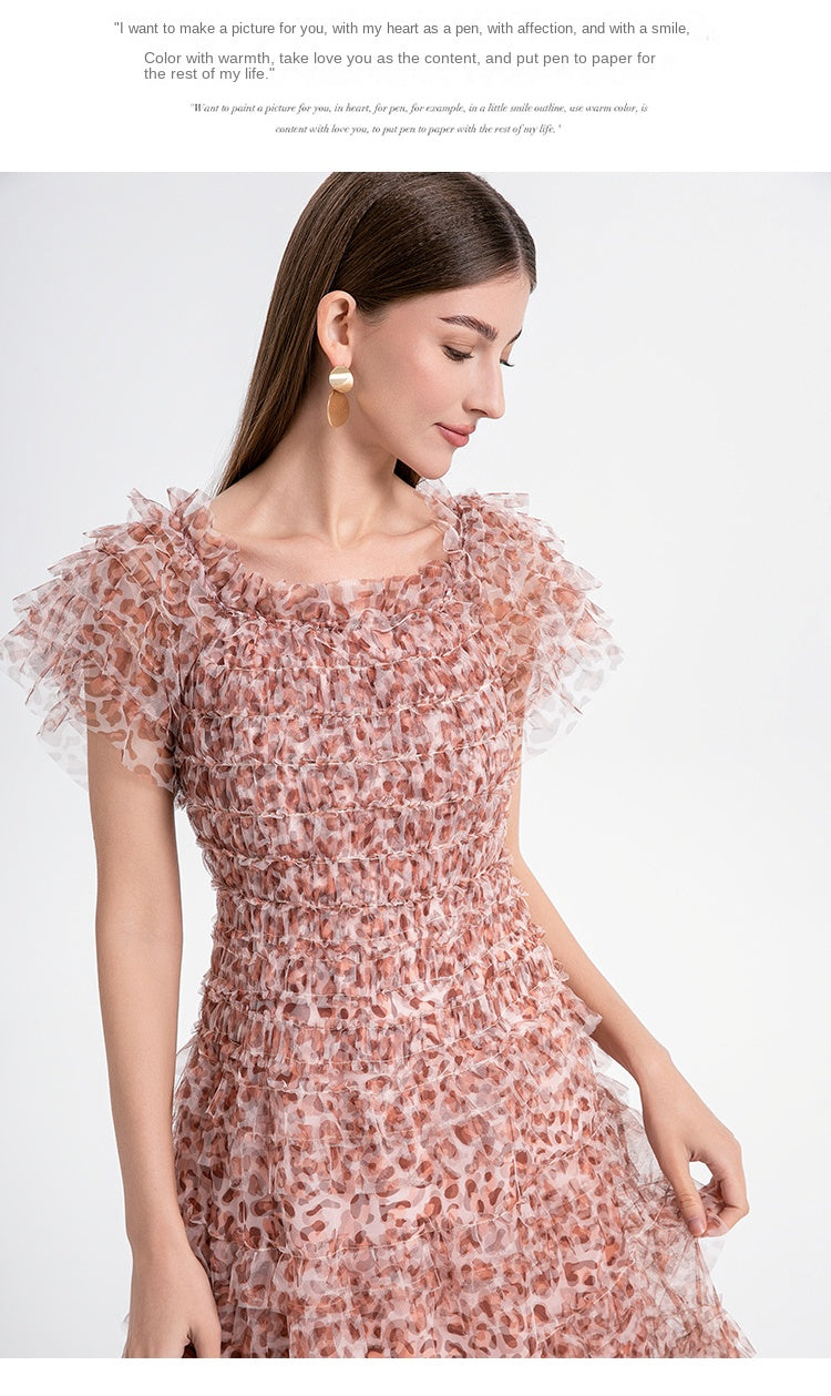 Beautiful French leopard print puff sleeve one-shoulder mesh temperament dress
