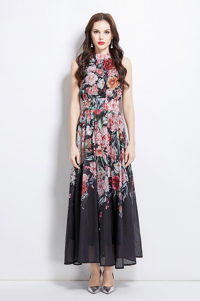 Original Design Spring/Summer Vacation New Oil Painting Flower Printed Hanging Neck Long Dress