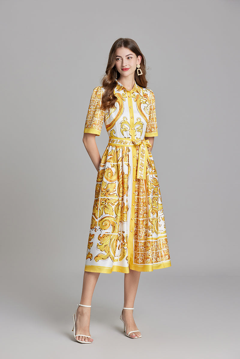 Original Design Spring/Summer Positioning Printed Collar Strap Waist Shirt Dress Large Swing A-line Skirt