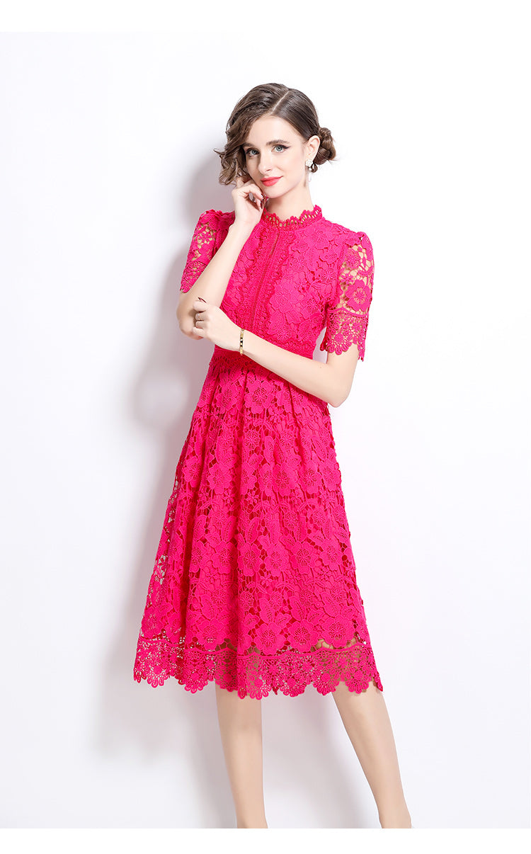 Original design short sleeved slimming hollow out water-soluble lace positioning mid length dress