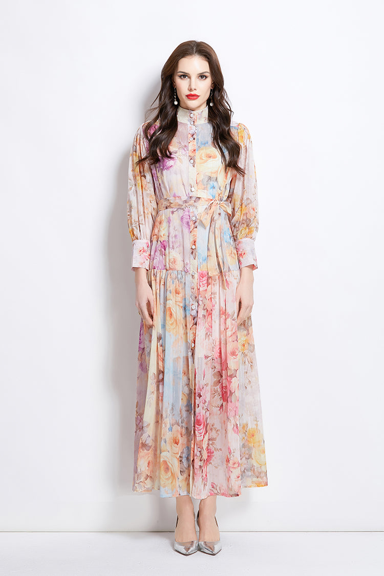 Original design: Spring/Summer ethnic style retro stand up collar lantern sleeve printed dress
