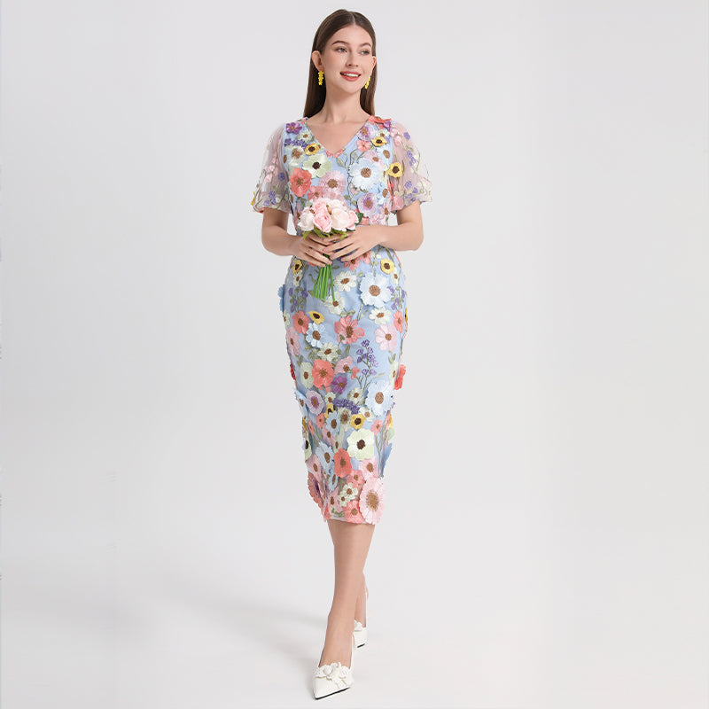 Art embroidery boutique color hand-ordered vintage V-neck slit wrap hip dress
