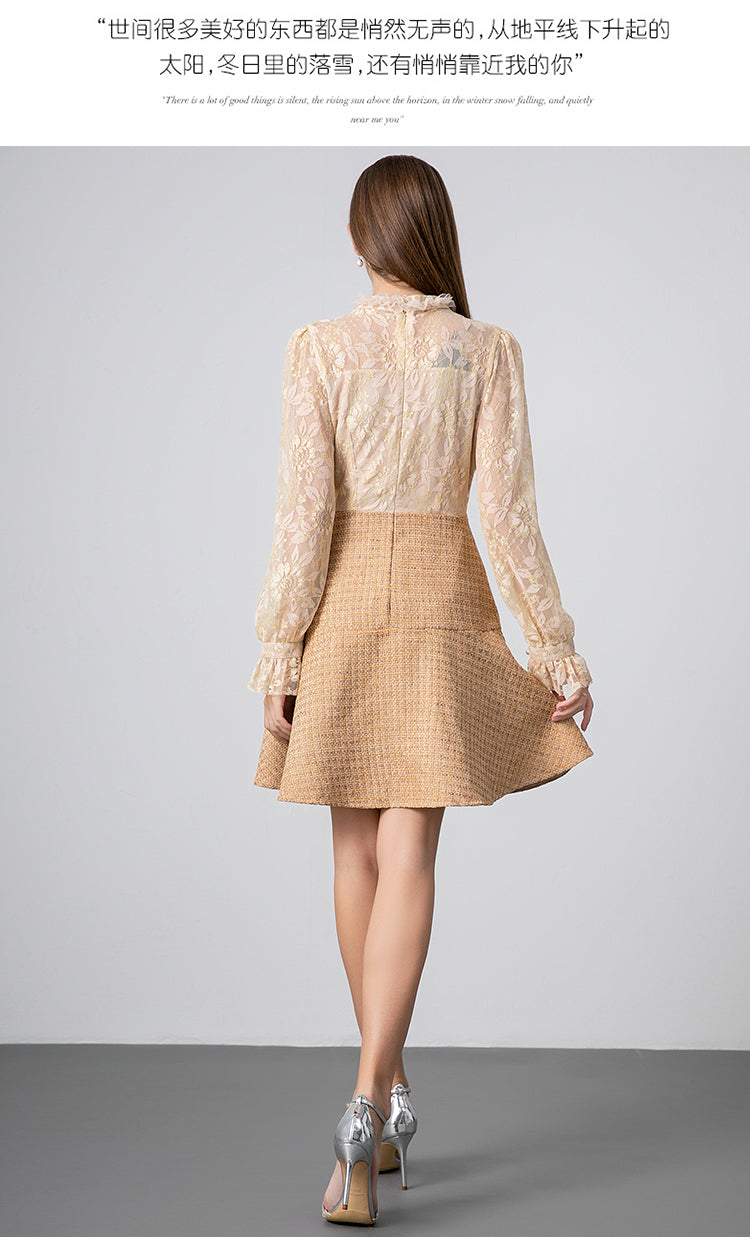 Original Design Heavy Industry Boutique Lace Splicing Coarse tweed Temperament Fake Two Small Fragrant Nail Bead Dresses