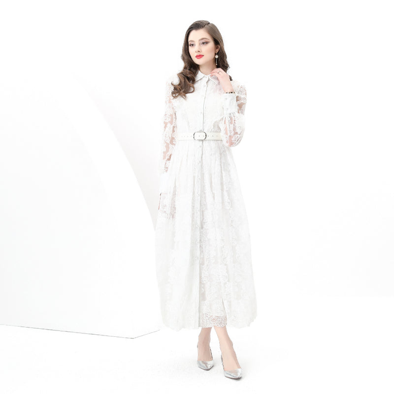 Original design: Spring, Summer, Autumn, Vacation lapel style, embroidered lace, balloon sleeves, lace, long vintage dress