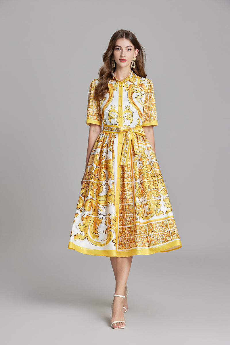 Original Design Spring/Summer Positioning Printed Collar Strap Waist Shirt Dress Large Swing A-line Skirt