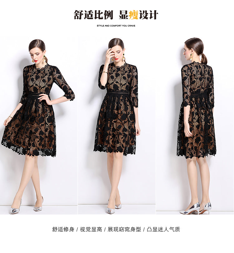 Original design mid long sleeved fashionable slimming hollow out water-soluble lace positioning mid length dress