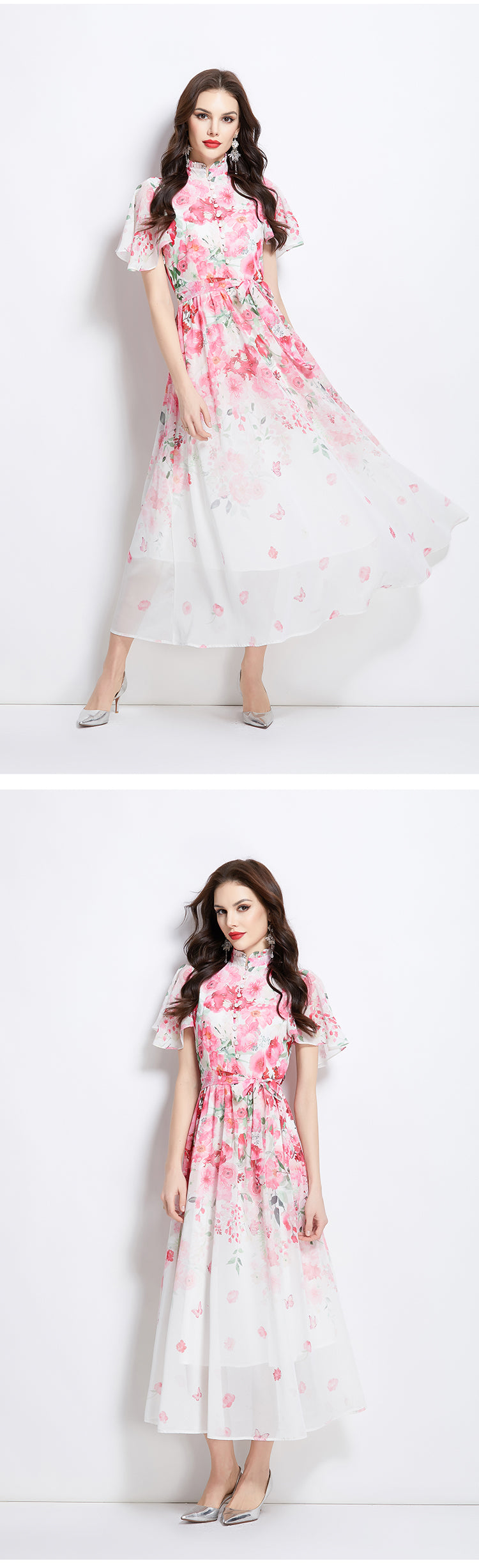 Original design for spring and summer small flying sleeves, ruffled edges, floral patterns, colorful waist cinched stand up collar dress