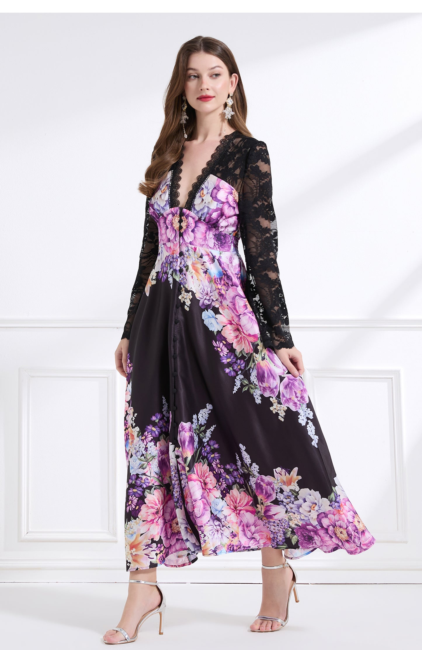 Original design - resort-inspired lace patchwork print cinched waist maxi dress with ruffles