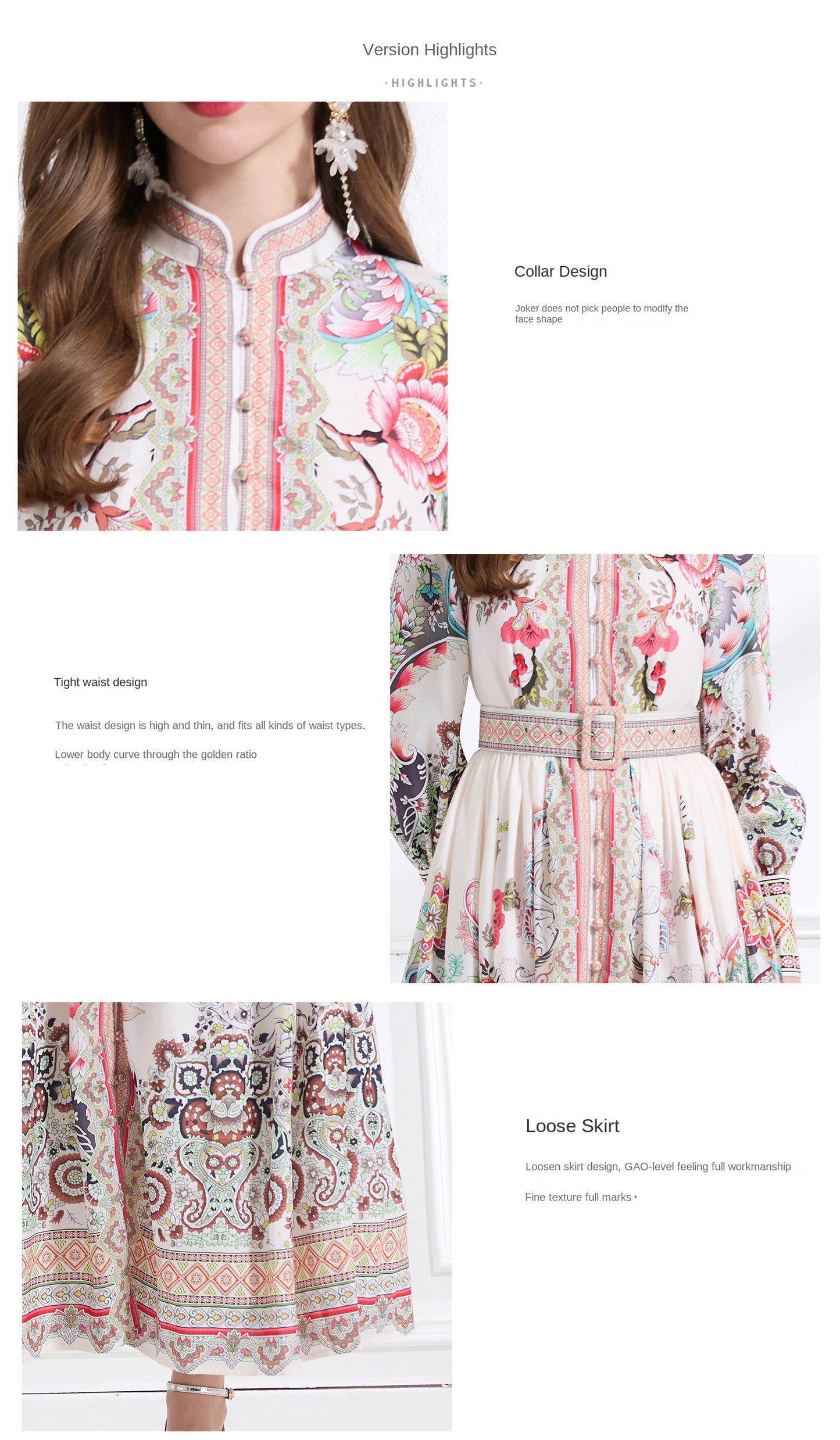 Original design - Spring, Summer, Autumn court style stand collar vintage print balloon sleeve ruffled maxi dress