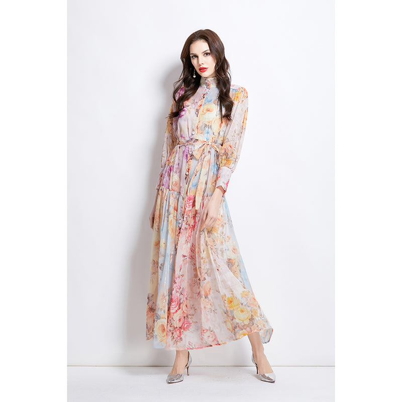 Original design: Spring/Summer ethnic style retro stand up collar lantern sleeve printed dress
