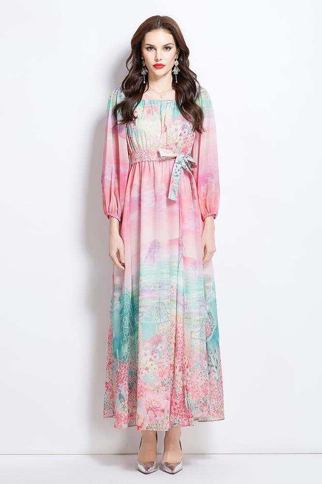 Original Design Spring/Summer Retro Flower One Shoulder Long Dress