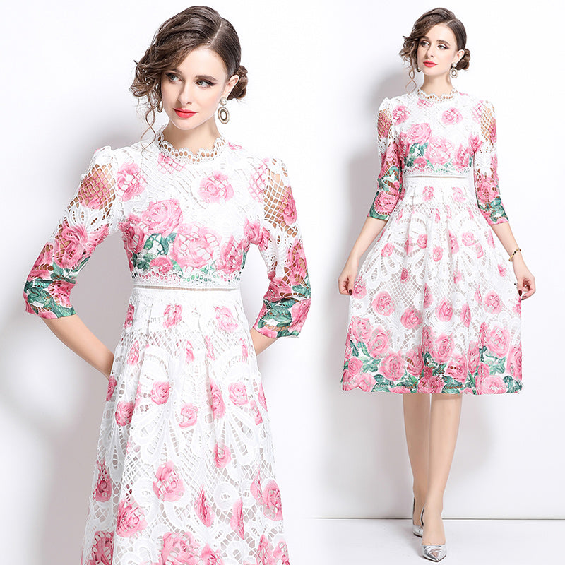 Original design mid long sleeved fashionable slimming hollow out water-soluble lace positioning mid length dress