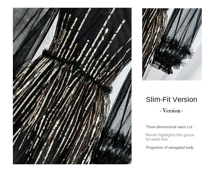 Original Design Heavy Industry Embroidered Glitter Mesh Splicing Black Fungus Edge Temperament Dress