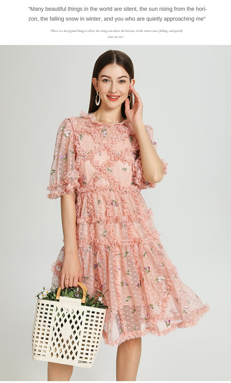 Artwork French romantic boutique custom gauze small floral embroidery short vintage cake dress