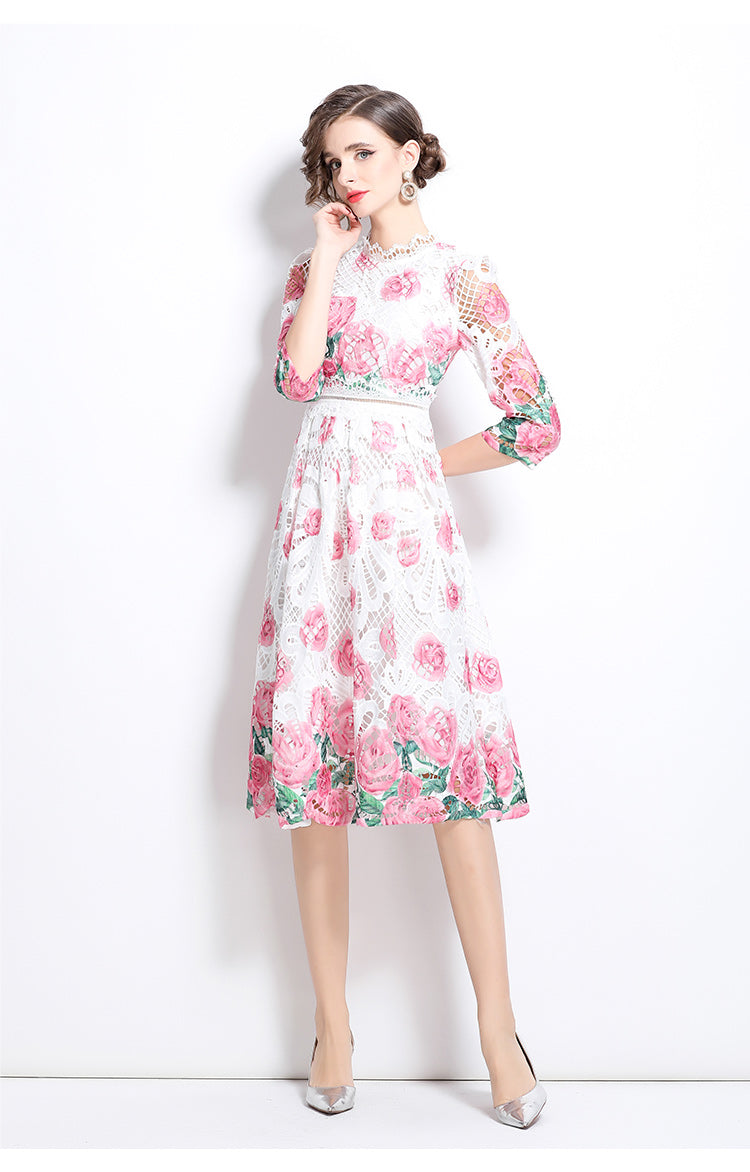 Original design mid long sleeved fashionable slimming hollow out water-soluble lace positioning mid length dress