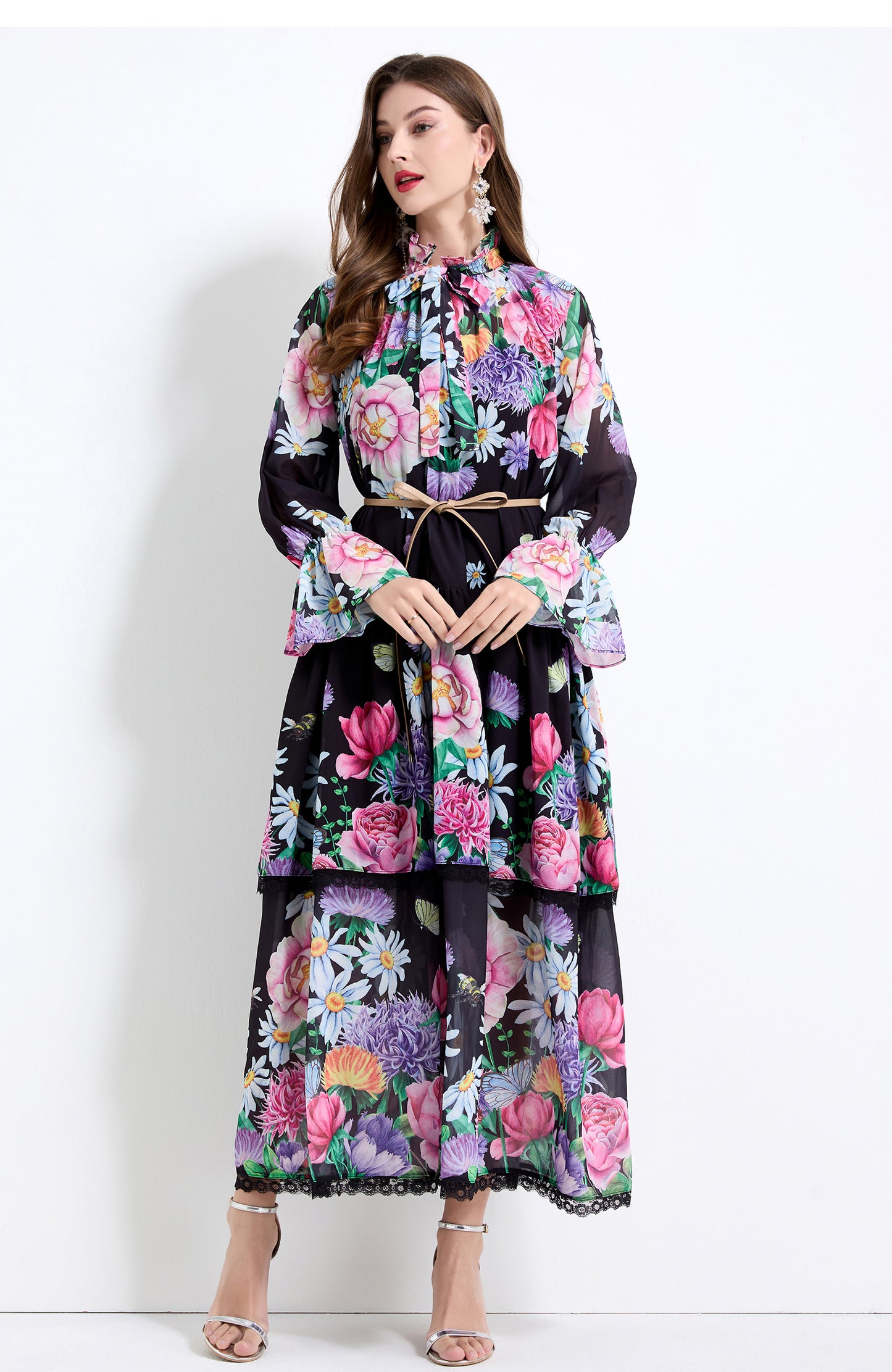 Original design - spring and summer fake lace cake skirt floral print waist ruffle skirt
