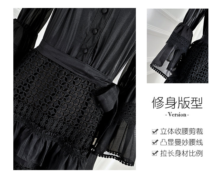 Original design French retro court style hollowed out lace patchwork wood ear trumpet sleeves cinched waist jumpsuit