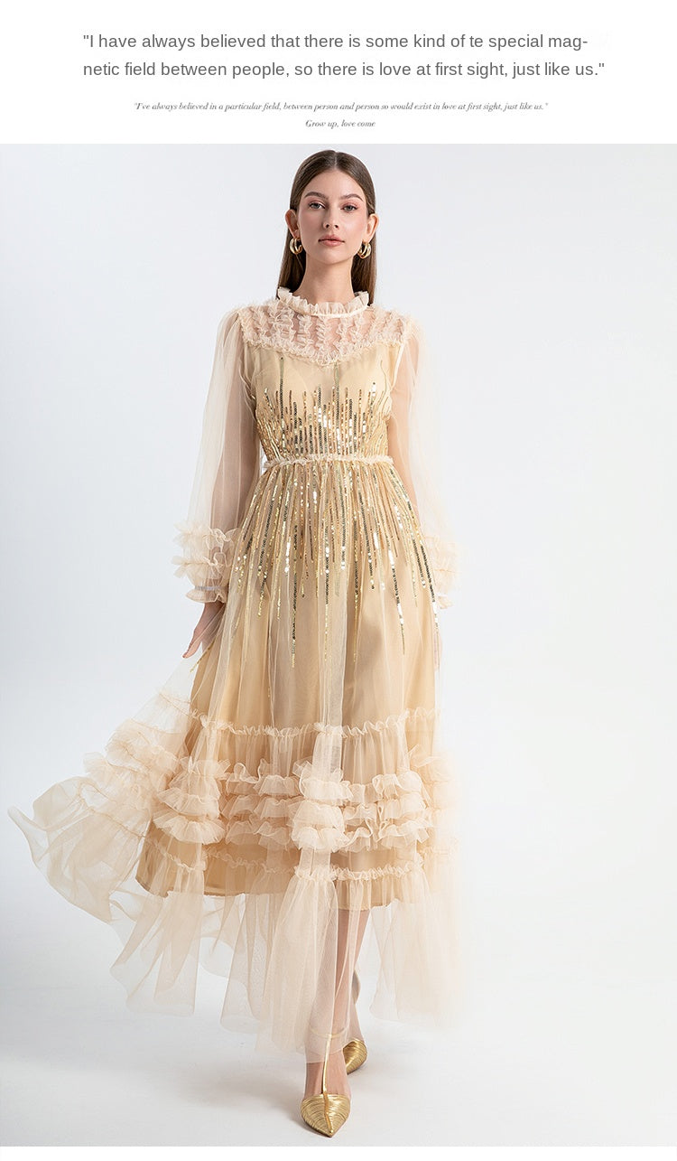 Original Design Heavy Industry Embroidered Glitter Mesh Splicing Black Fungus Edge Temperament Dress