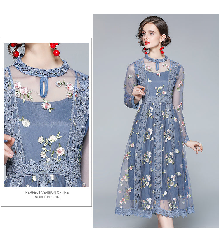 Original Design Heavy Industry Fine Embroidery Mesh French Long Style Super Fairy Sweet Dress