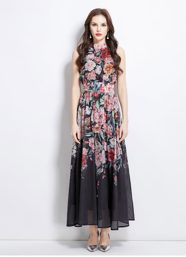 Original Design Spring/Summer Vacation New Oil Painting Flower Printed Hanging Neck Long Dress