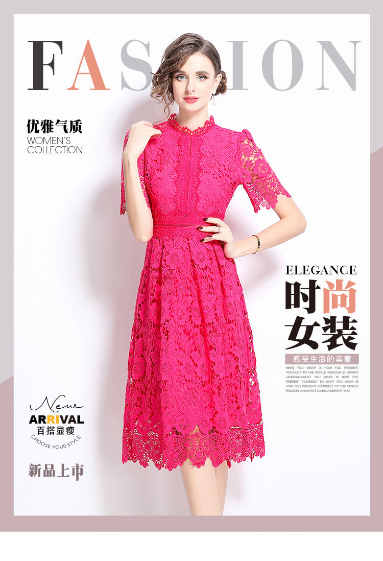 Original design short sleeved slimming hollow out water-soluble lace positioning mid length dress